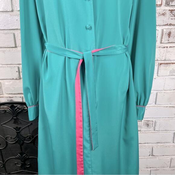 Vintage 70s Jenni Green and Pink Tie Belt Button Down Midi Shirt Dress L - Picture 2 of 11